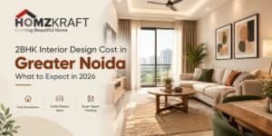 Homzkraft banner featuring a modern 2BHK living room with the headline “2BHK Interior Design Cost in Greater Noida” and highlights on cost breakdown, stylish design ideas, and smart space planning.