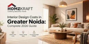 Homzkraft interior design banner featuring a modern living room and the headline “Interior Design Costs in Greater Noida: Complete 2026 Guide,” highlighting 2BHK and 3BHK costs, modern design ideas, and choosing the right interior designer.