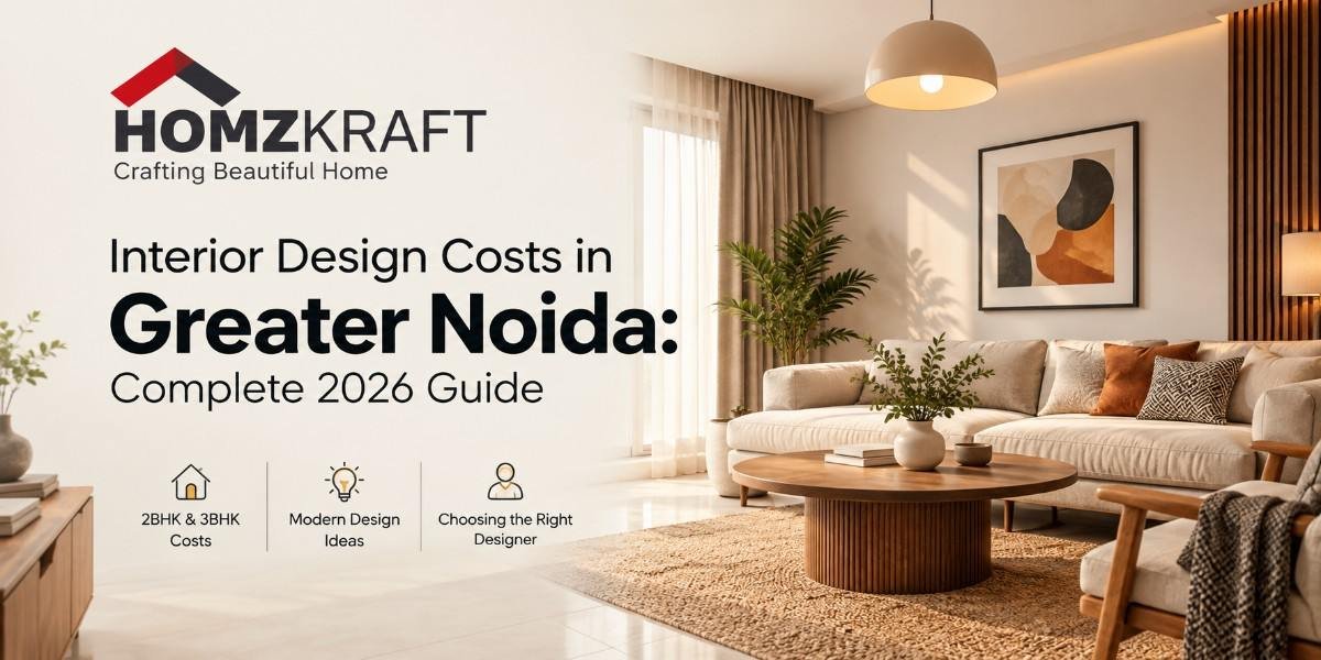 Homzkraft interior design banner featuring a modern living room and the headline “Interior Design Costs in Greater Noida: Complete 2026 Guide,” highlighting 2BHK and 3BHK costs, modern design ideas, and choosing the right interior designer.